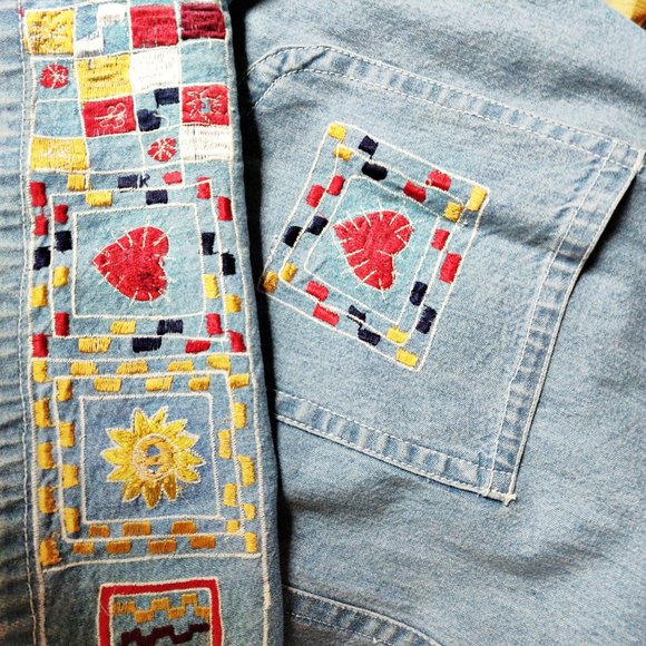 Vintage 1990s Celestial Heart Jumper Dress Chambray Applique Folk Art Grunge 8 - Picture 11 of 13